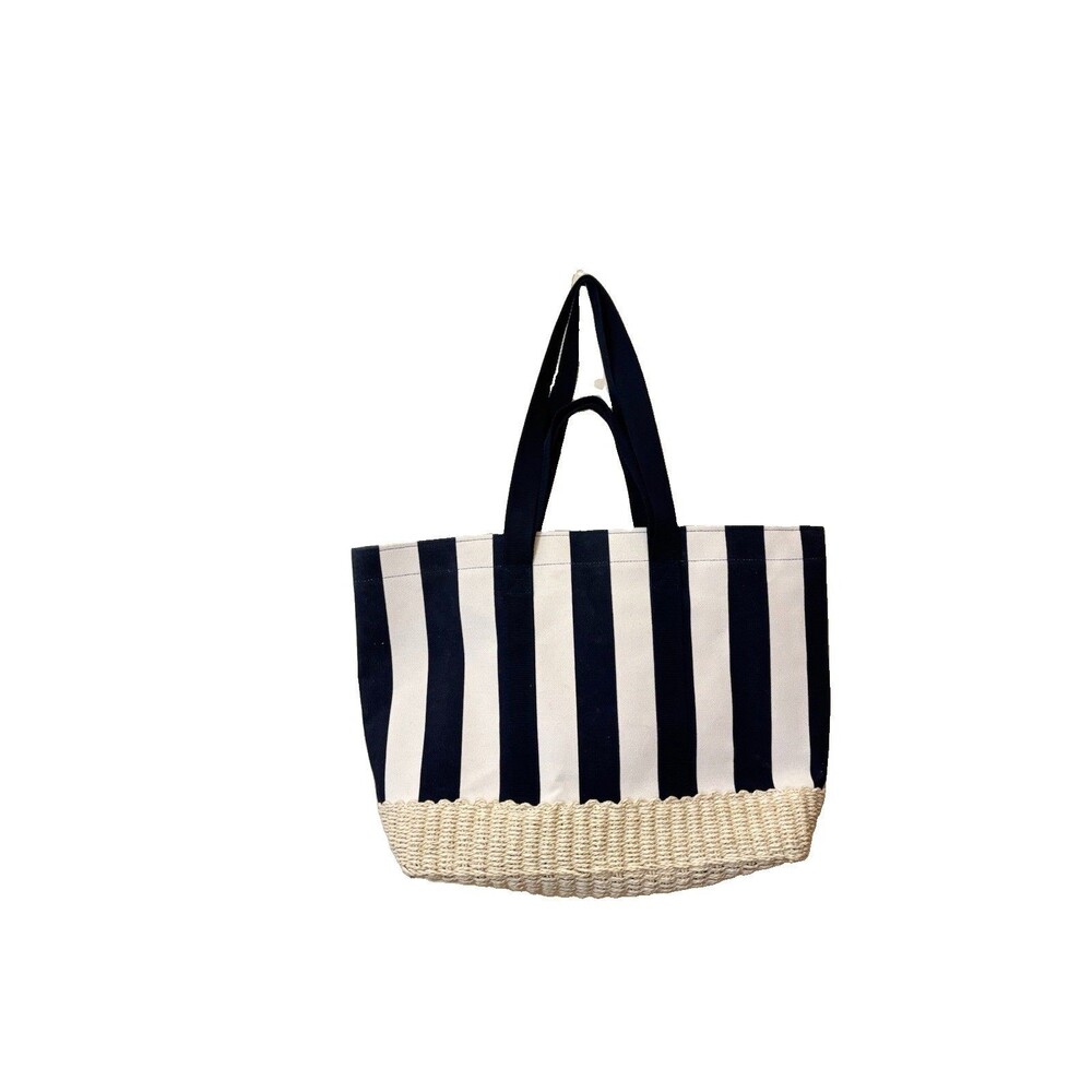 Universal Thread Navy Blue & White Striped Canvas & Straw Beach Tote Bag
